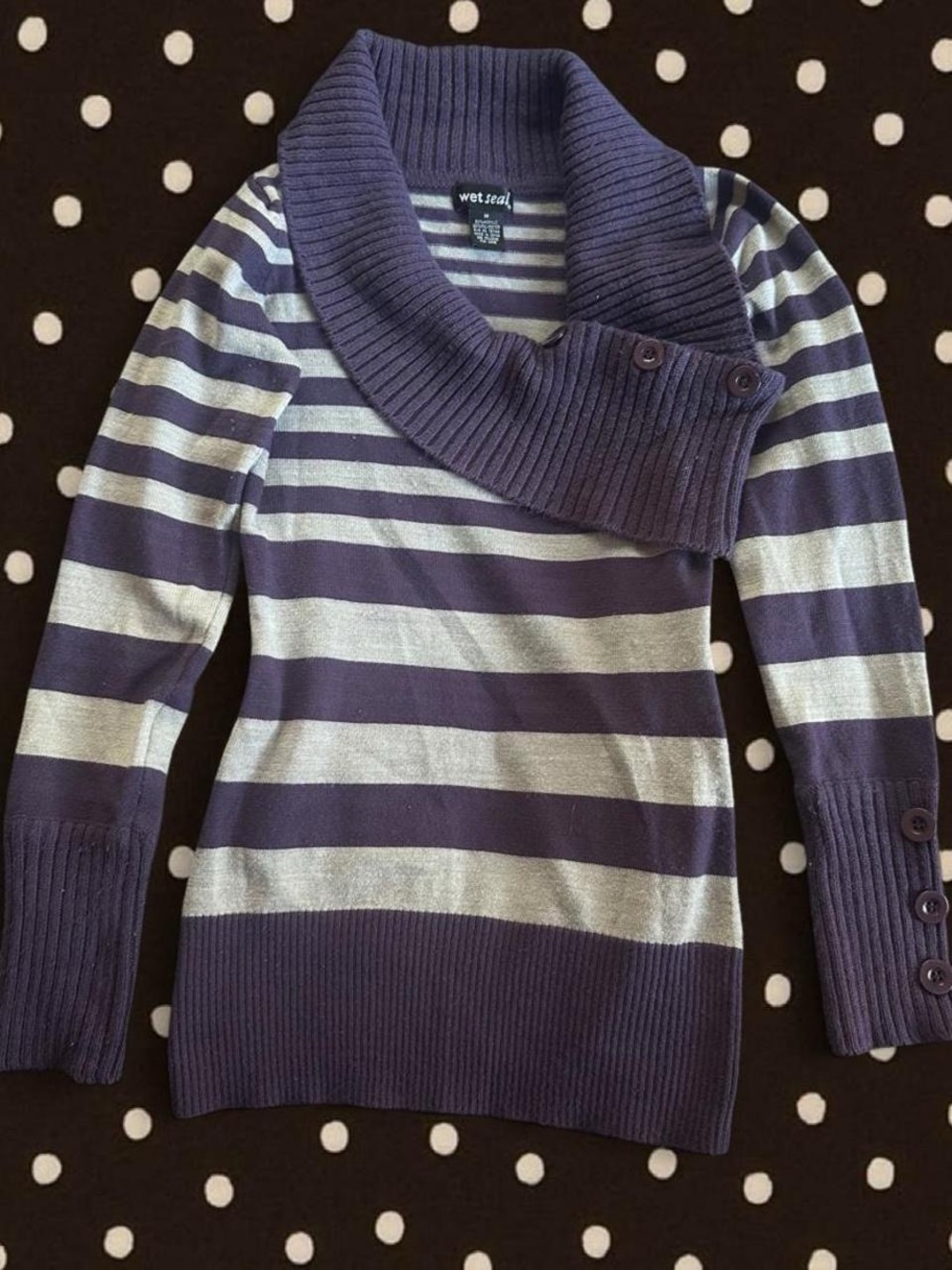 Wet Seal Navy and Light Gray Striped Shawl Collar Sweater